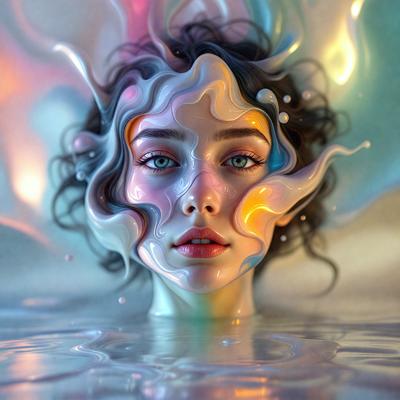 The primary subject of the image is a woman with long hair, who is wearing a lot of makeup. She is surrounded by a colorful and artistic environment, which includes a water surface and a background with a colorful pattern. The visual style of the image is a combination of photo and digital art, creating a unique and eye-catching portrait. The woman's makeup and the vibrant colors of the background contribute to a lively and energetic atmosphere.